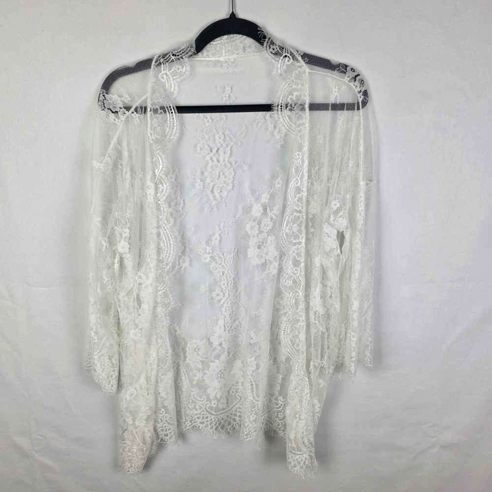 White Floral Lace Kimono Cardigan Sheer Open Front Wrap XL Eyelash Trim Boho